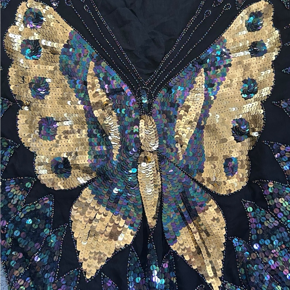 Vintage 70s Dark Rainbow & Gold Sequin Butterfly Top 100% Silk Festival Boho OS - Picture 12 of 17